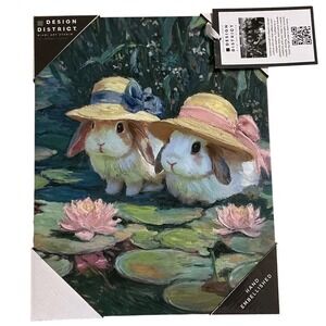 Design District Bunny Canvas Art Hand Embellished Rabbits in Hats Lily Pond NEW
